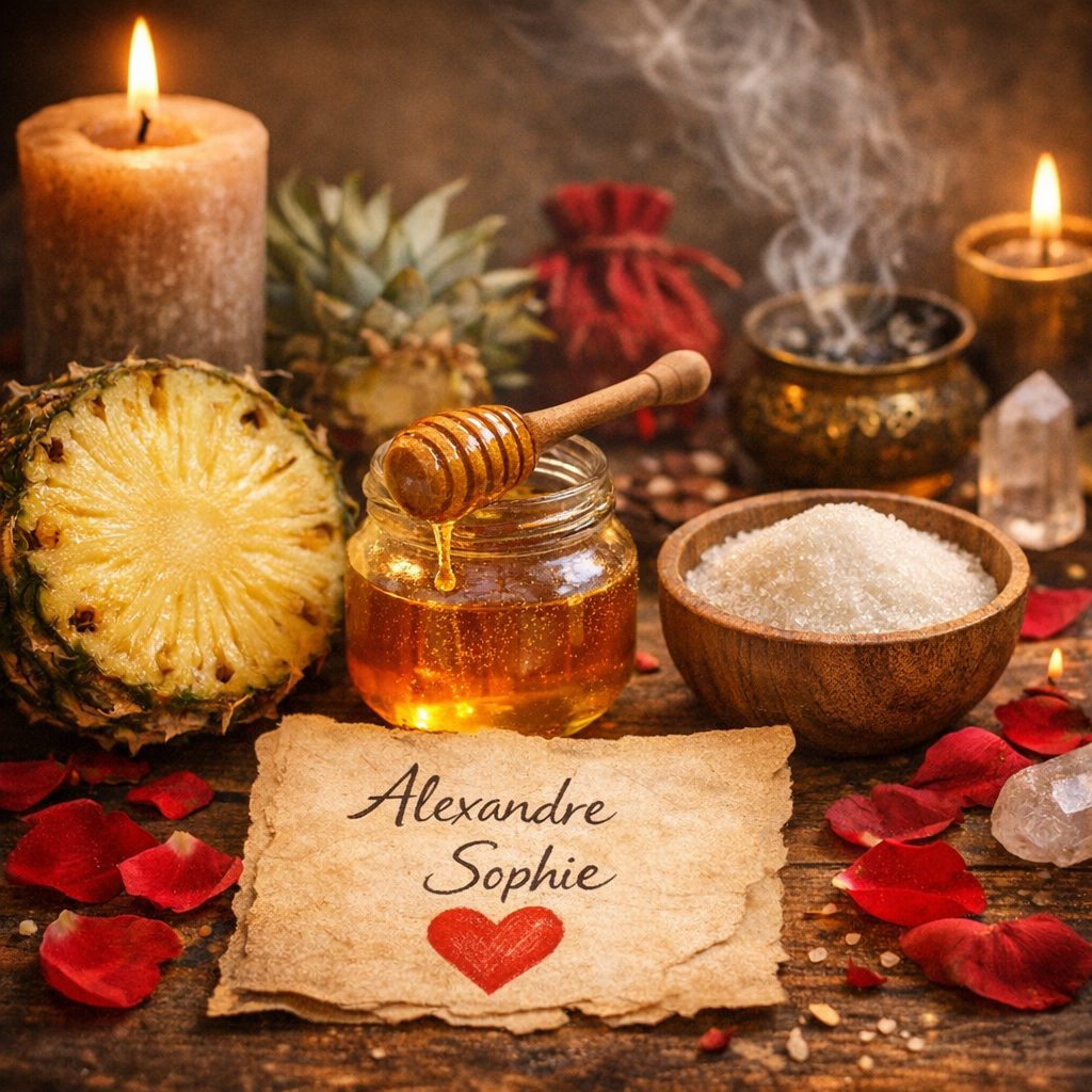 Image illustrant le rituel d’amour puissant avec ananas, miel, sucre et nom, pratiqué par le voyant ALAIN AZALOU OLOWO pour favoriser le retour affectif et la reconnection des sentiments.