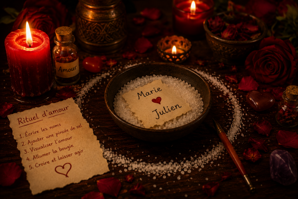 Bol de gros sel contenant un papier avec deux prénoms reliés par un cœur rouge, entouré de bougies rouges, de roses et de pétales dans une ambiance ésotérique et romantique éclairée à la bougie.