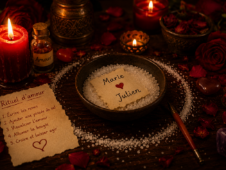 Bol de gros sel contenant un papier avec deux prénoms reliés par un cœur rouge, entouré de bougies rouges, de roses et de pétales dans une ambiance ésotérique et romantique éclairée à la bougie.