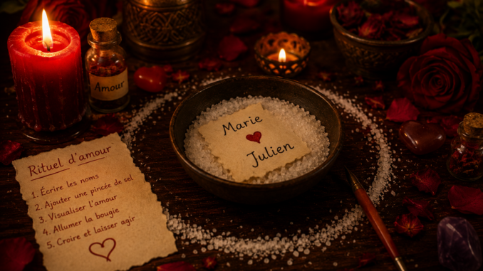 Bol de gros sel contenant un papier avec deux prénoms reliés par un cœur rouge, entouré de bougies rouges, de roses et de pétales dans une ambiance ésotérique et romantique éclairée à la bougie.