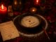 Bol de gros sel contenant un papier avec deux prénoms reliés par un cœur rouge, entouré de bougies rouges, de roses et de pétales dans une ambiance ésotérique et romantique éclairée à la bougie.