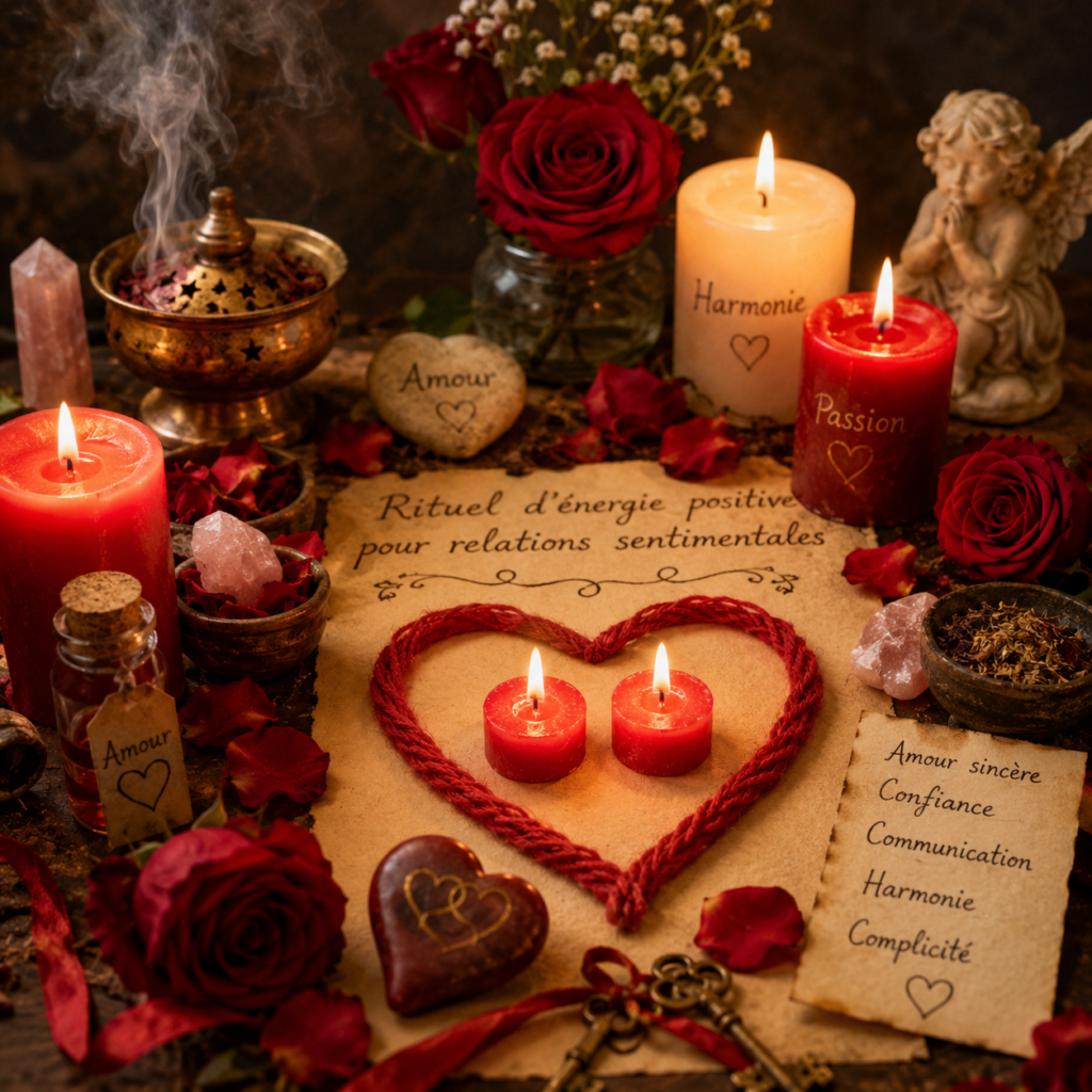 Parchemin intitulé « Rituel d’énergie positive pour relations sentimentales » entouré de bougies allumées, roses rouges, cristaux de quartz rose, pétales de fleurs et encens fumant dans une ambiance romantique et chaleureuse.