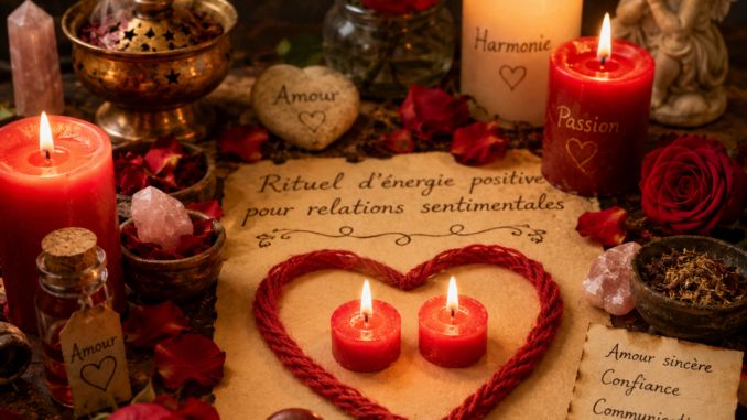 Parchemin intitulé « Rituel d’énergie positive pour relations sentimentales » entouré de bougies allumées, roses rouges, cristaux de quartz rose, pétales de fleurs et encens fumant dans une ambiance romantique et chaleureuse.