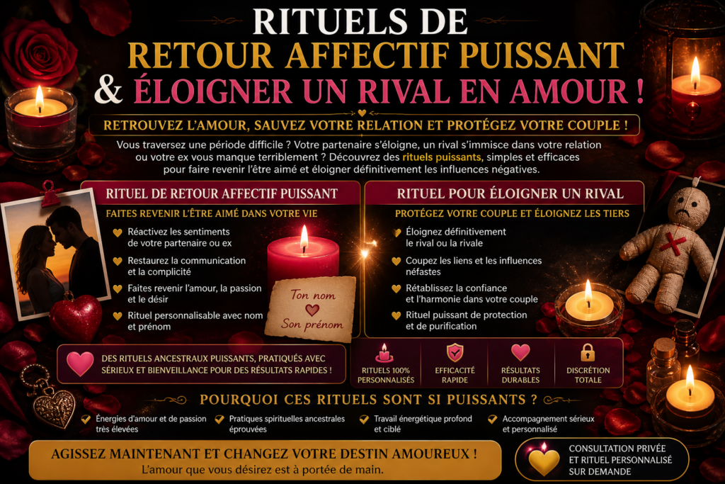 Affiche promotionnelle sur fond sombre présentant des rituels d’amour avec bougies rouges, symboles ésotériques, illustrations de couples, roses et textes décrivant un rituel de retour affectif et un rituel d’éloignement d’un rival amoureux.