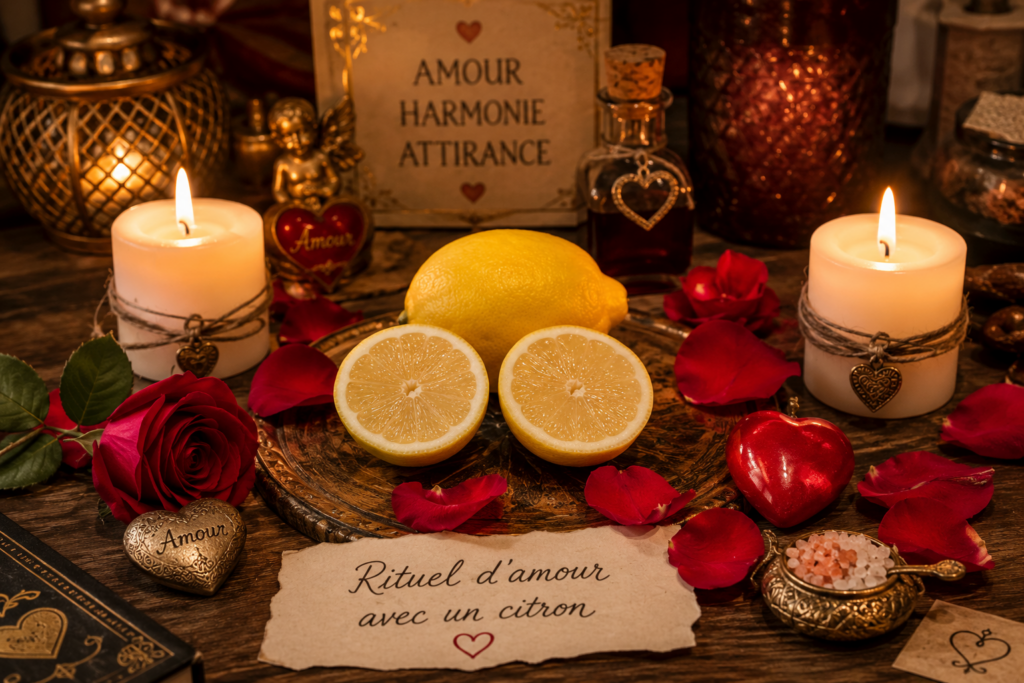 Rituel d'amour avec un citron sur une table en bois, entouré de bougies blanches allumées, de pétales de roses rouges et d'objets symboliques évoquant l'amour, l'harmonie et l'attirance.