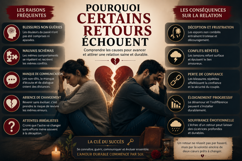 Illustration d'un couple en difficulté expliquant les principales causes de l'échec d'un retour affectif.