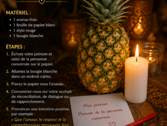 Ananas posé sur une table de rituel avec une bougie blanche allumée, un papier portant des prénoms et un stylo rouge, dans une ambiance spirituelle chaleureuse dédiée au retour affectif.