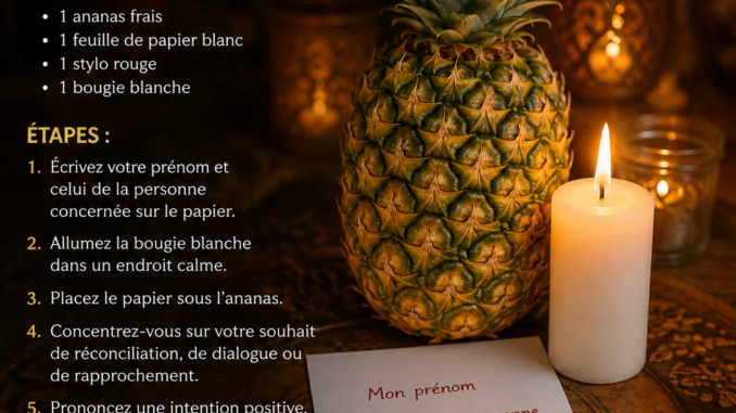 Ananas posé sur une table de rituel avec une bougie blanche allumée, un papier portant des prénoms et un stylo rouge, dans une ambiance spirituelle chaleureuse dédiée au retour affectif.