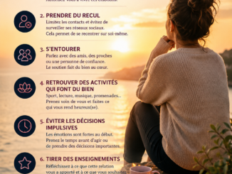 Personne assise face à un coucher de soleil au bord de l'eau, accompagnée d'un guide illustré présentant les étapes pour surmonter une rupture amoureuse et retrouver l'équilibre émotionnel.
