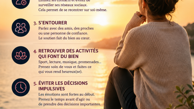 Personne assise face à un coucher de soleil au bord de l'eau, accompagnée d'un guide illustré présentant les étapes pour surmonter une rupture amoureuse et retrouver l'équilibre émotionnel.