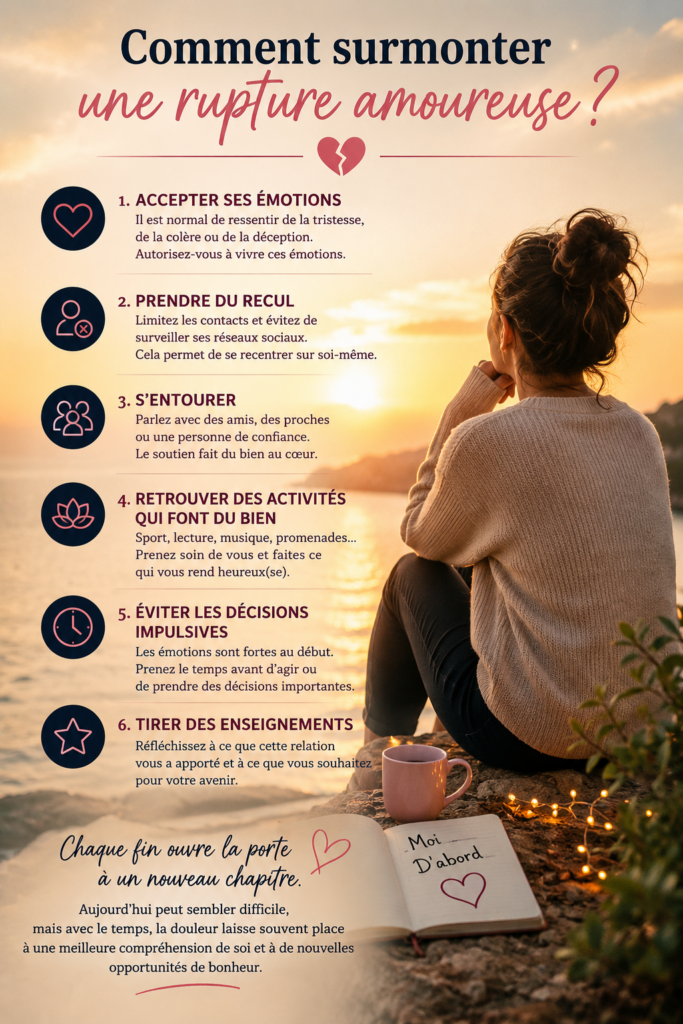 Personne assise face à un coucher de soleil au bord de l'eau, accompagnée d'un guide illustré présentant les étapes pour surmonter une rupture amoureuse et retrouver l'équilibre émotionnel.