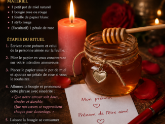 Pot de miel accompagné d’une bougie rose allumée, de pétales de rose, d’un papier portant des prénoms et d’un stylo rouge, dans une ambiance romantique dédiée à un rituel d’amour.