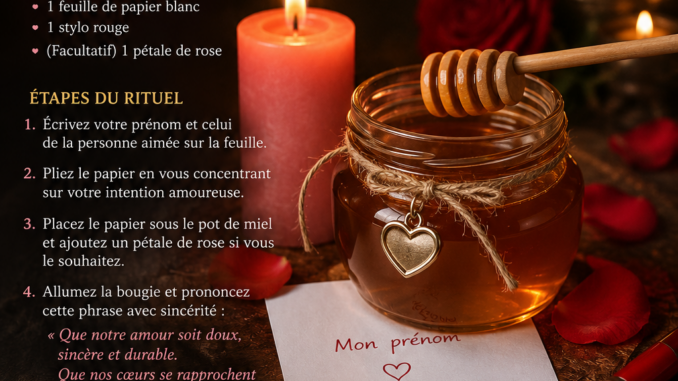 Pot de miel accompagné d’une bougie rose allumée, de pétales de rose, d’un papier portant des prénoms et d’un stylo rouge, dans une ambiance romantique dédiée à un rituel d’amour.