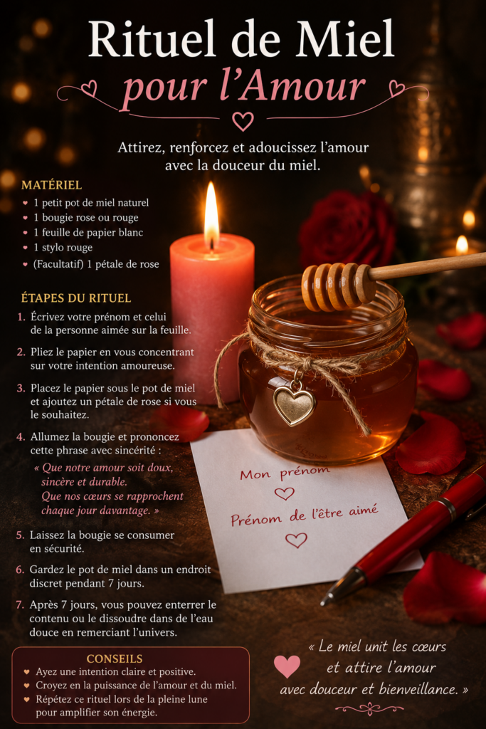 Pot de miel accompagné d’une bougie rose allumée, de pétales de rose, d’un papier portant des prénoms et d’un stylo rouge, dans une ambiance romantique dédiée à un rituel d’amour.