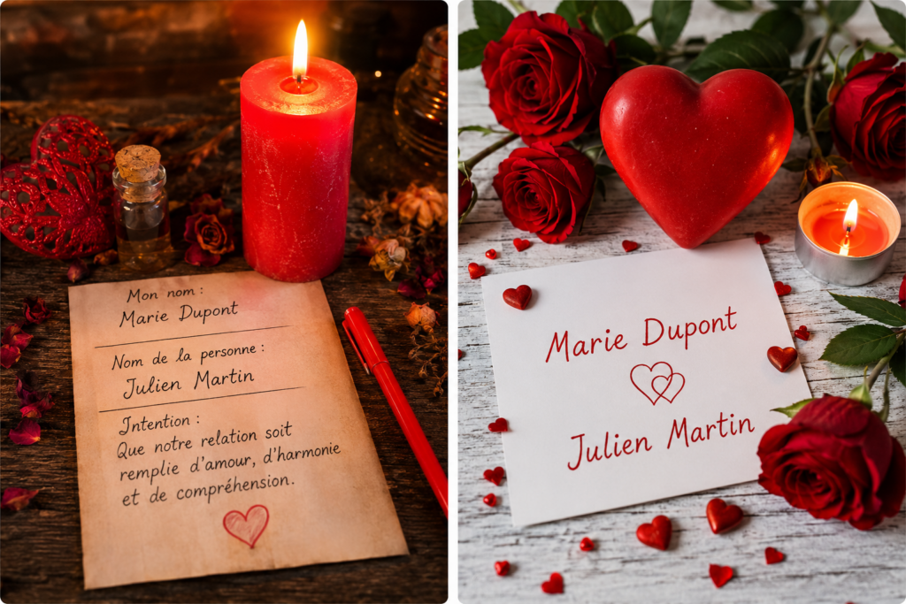 Carte avec nom et prénom entourée de roses rouges et d'un cœur dans un rituel d'amour symbolique favorisant le rapprochement amoureux.