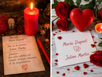 Carte avec nom et prénom entourée de roses rouges et d'un cœur dans un rituel d'amour symbolique favorisant le rapprochement amoureux.