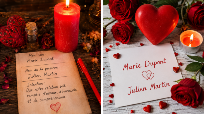 Carte avec nom et prénom entourée de roses rouges et d'un cœur dans un rituel d'amour symbolique favorisant le rapprochement amoureux.