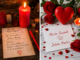 Carte avec nom et prénom entourée de roses rouges et d'un cœur dans un rituel d'amour symbolique favorisant le rapprochement amoureux.