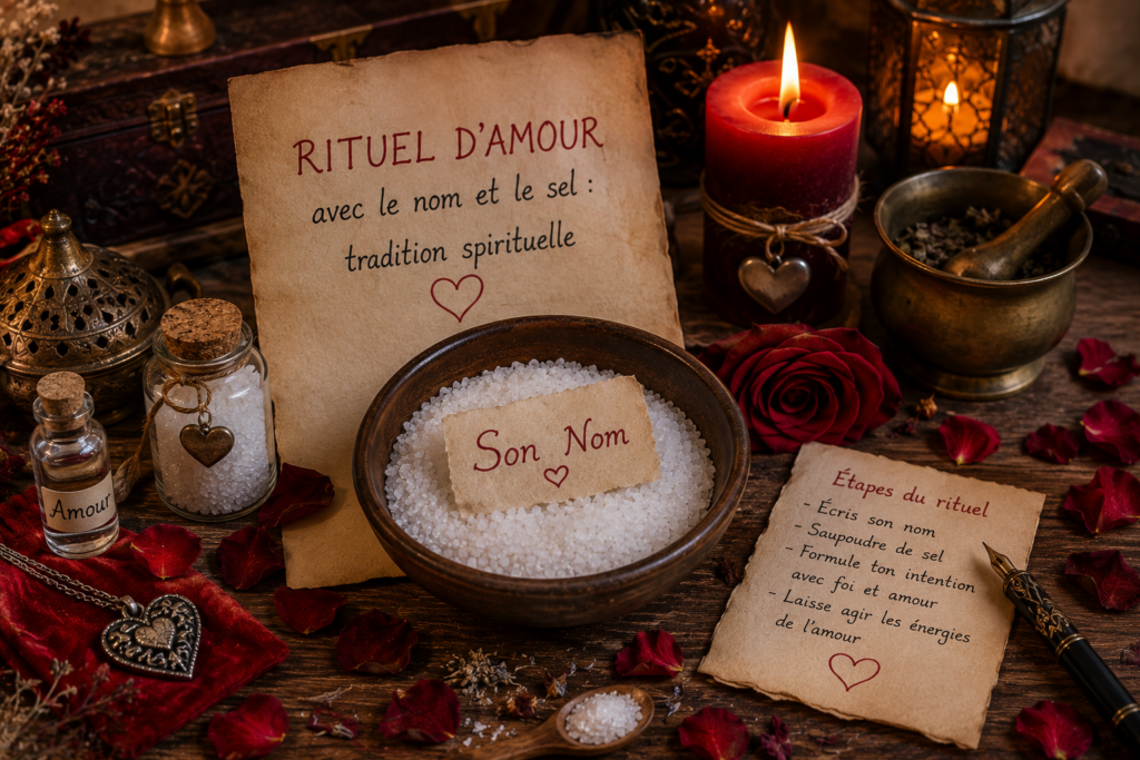 Autel ésotérique avec bol de sel, nom de l'être aimé, bougie rouge et objets spirituels pour un rituel d'amour.
