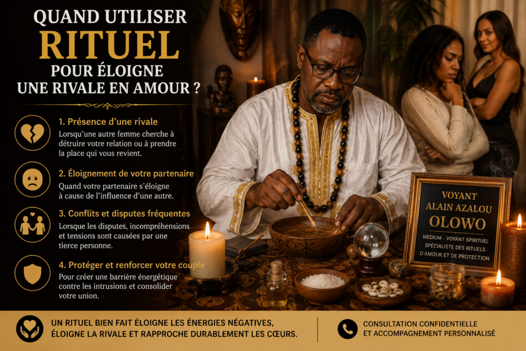 Voyant Alain Azalou Olowo pratiquant un rituel pour éloigner une rivale en amour.
