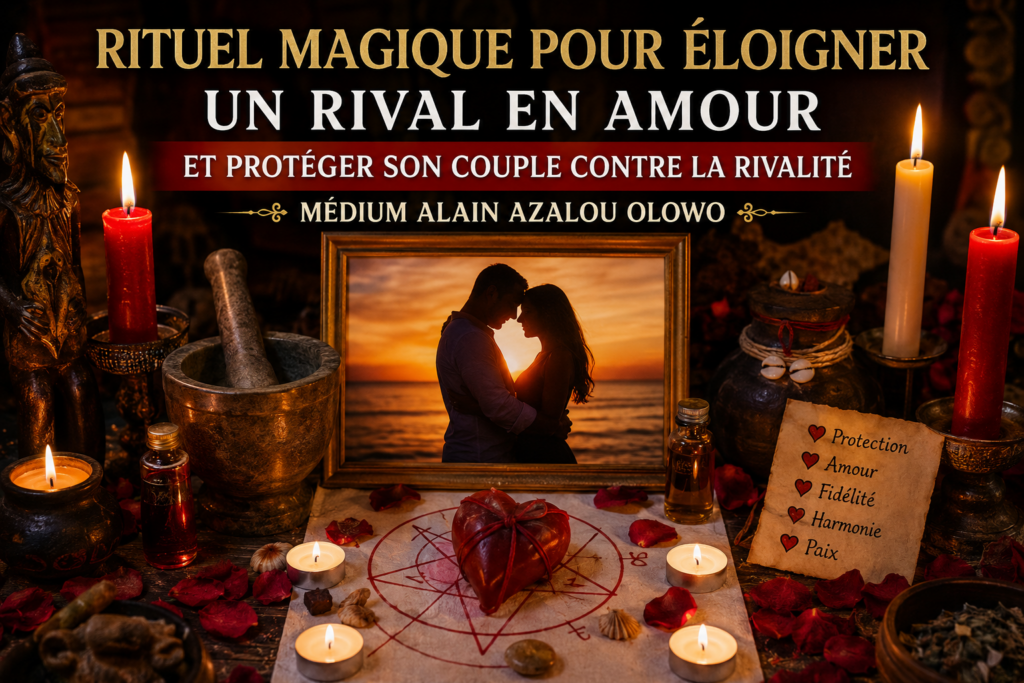 Médium réalisant un rituel symbolique de protection du couple contre la rivalité amoureuse.