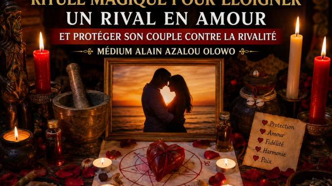 Médium réalisant un rituel symbolique de protection du couple contre la rivalité amoureuse.