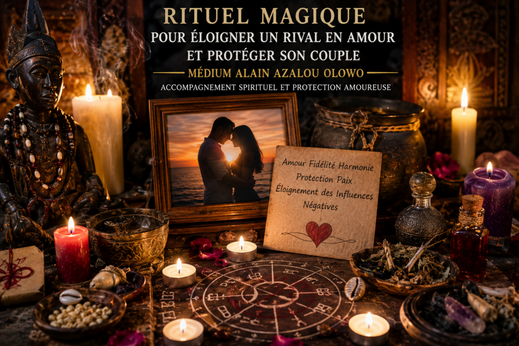 Autel spirituel illustrant un rituel symbolique pour protéger un couple et éloigner un rival en amour avec le Médium ALAIN AZALOU OLOWO.