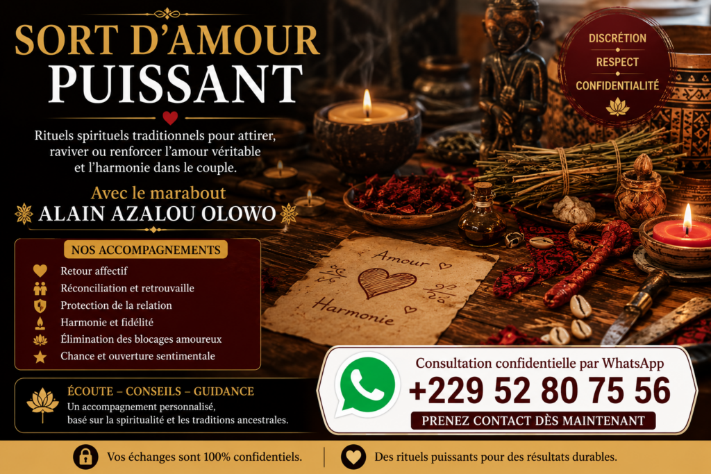 Affiche de consultation spirituelle illustrant un rituel symbolique d'amour avec des bougies, des plantes traditionnelles, des objets rituels et le numéro WhatsApp +229 52 80 75 56.