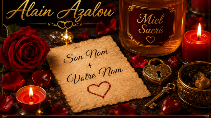 Rituel d'amour avec le nom et le miel du Médium Alain Azalou, avec bougies, miel et rose rouge.