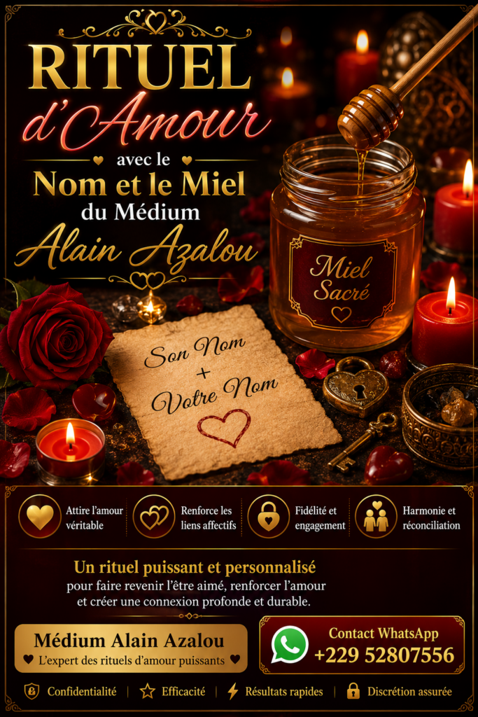Rituel d'amour avec le nom et le miel du Médium Alain Azalou, avec bougies, miel et rose rouge.