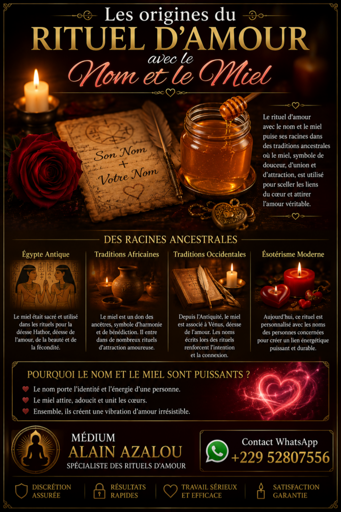 Illustration des origines du rituel d'amour avec le nom et le miel, avec miel, bougies et symboles ésotériques.