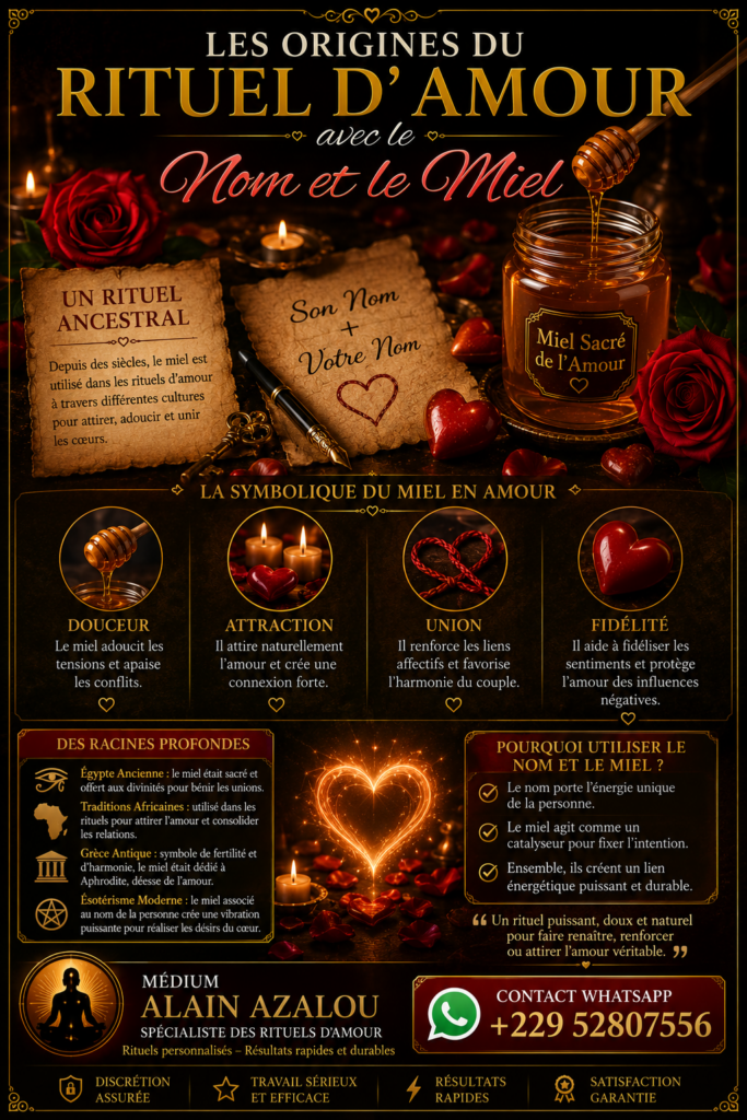 Illustration des origines du rituel d'amour avec le nom et le miel, représentant du miel, des bougies, une rose rouge et des symboles des traditions ancestrales.