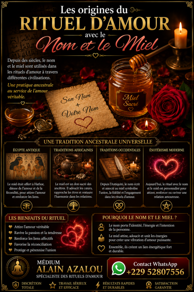 Illustration des origines du rituel d'amour avec le nom et le miel, représentant du miel, des bougies, une rose rouge et des symboles des traditions ancestrales.
