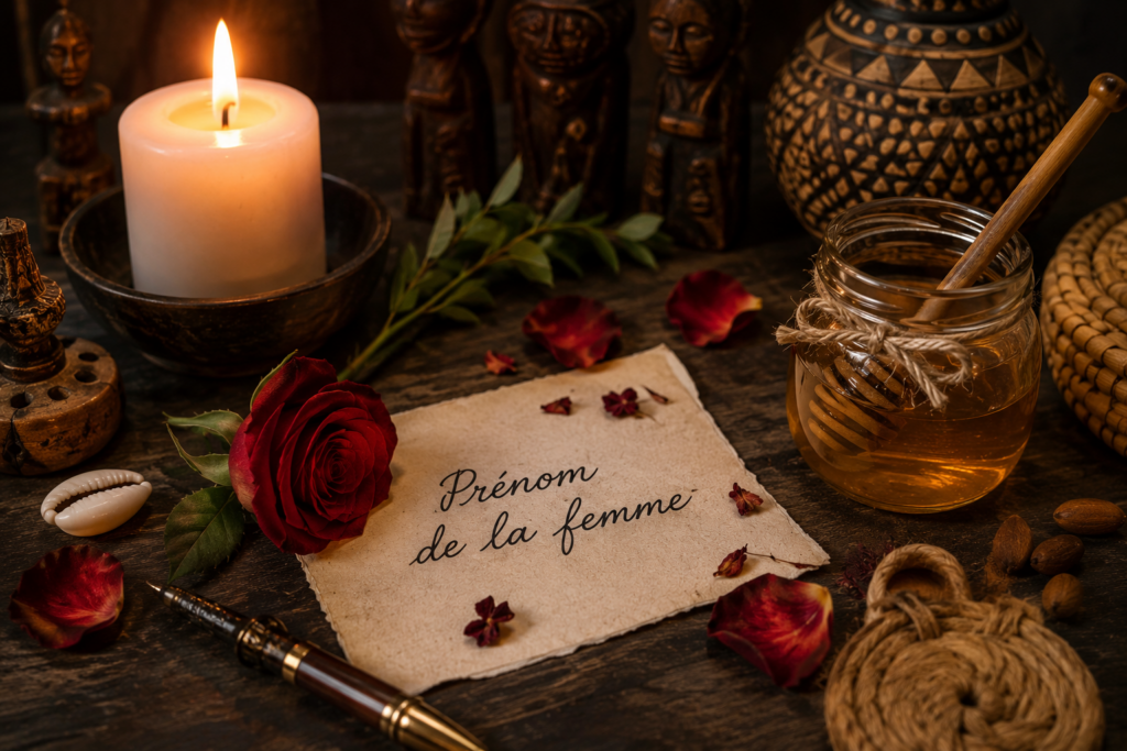Illustration d'un rituel d'amour avec le prénom, du miel, une rose rouge, une bougie allumée et un parchemin.