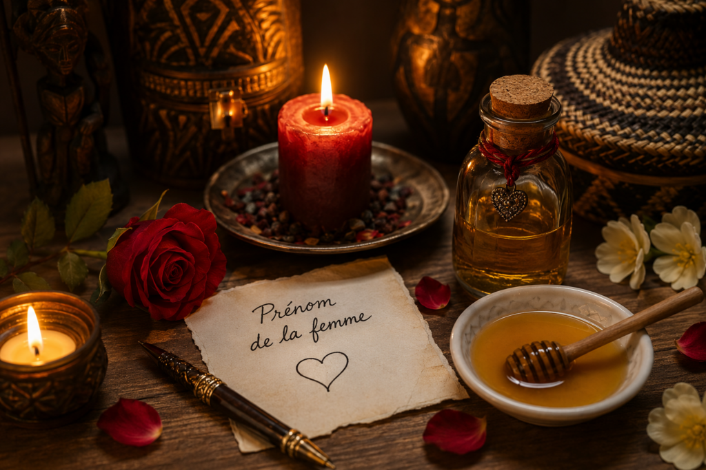 Illustration d'un rituel d'amour avec le prénom et le miel, comprenant une bougie, une rose rouge, du miel et un parchemin.