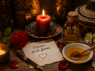 Illustration d'un rituel d'amour avec le prénom et le miel, comprenant une bougie, une rose rouge, du miel et un parchemin.