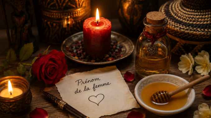 Illustration d'un rituel d'amour avec le prénom et le miel, comprenant une bougie, une rose rouge, du miel et un parchemin.