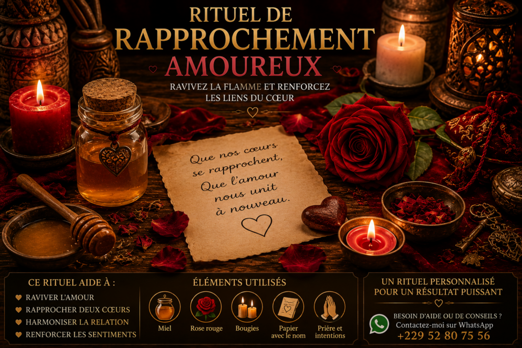 Illustration d'un rituel de rapprochement amoureux avec miel, bougies, rose rouge et parchemin.