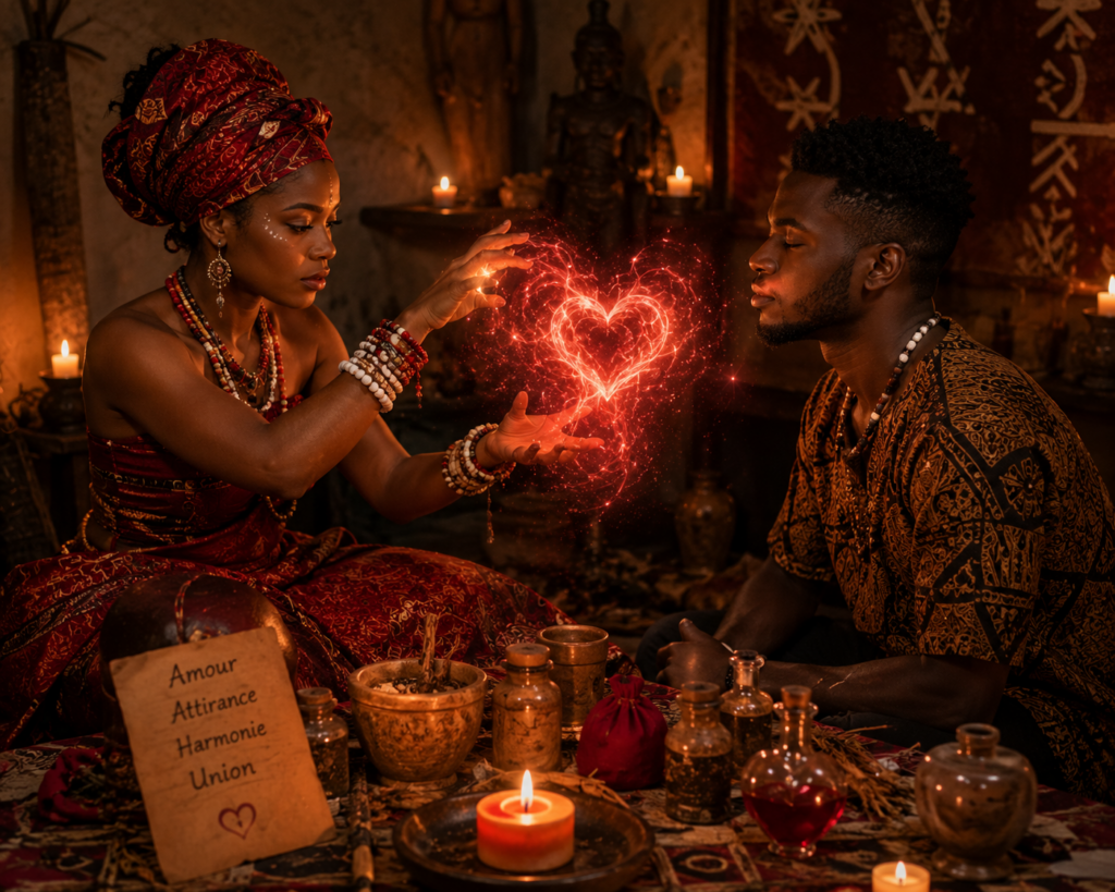 Illustration d'un rituel d'amour africain dans un temple spirituel.
