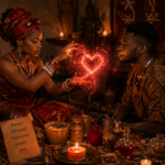Illustration d'un rituel d'amour africain dans un temple spirituel.
