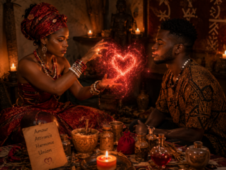 Illustration d'un rituel d'amour africain dans un temple spirituel.
