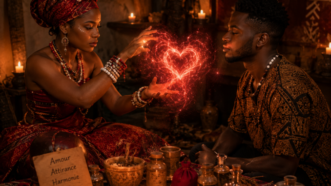 Illustration d'un rituel d'amour africain dans un temple spirituel.
