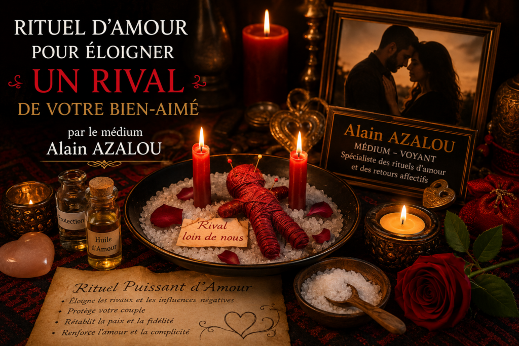 Autel spirituel avec bougies, rose rouge et objets symboliques d'un rituel d'amour.