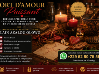 Illustration d'un espace de consultation spirituelle avec bougies, objets rituels et présentation des services d'Alain AZALOU OLOWO avec le contact WhatsApp +229 52 80 75 56.