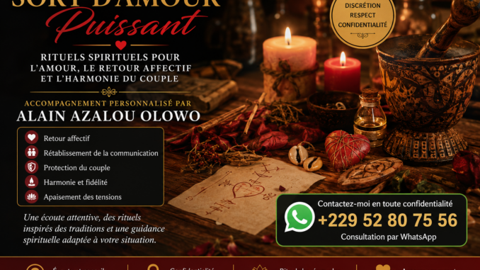 Illustration d'un espace de consultation spirituelle avec bougies, objets rituels et présentation des services d'Alain AZALOU OLOWO avec le contact WhatsApp +229 52 80 75 56.