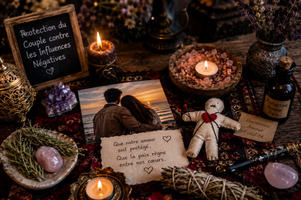 Autel spirituel avec bougies, cristaux, herbes et photo d'un couple illustrant un rituel symbolique de protection amoureuse contre la rivalité.