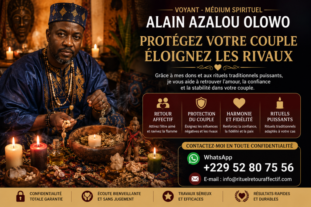 Affiche présentant le Médium ALAIN AZALOU OLOWO avec ses coordonnées WhatsApp et son adresse e-mail.