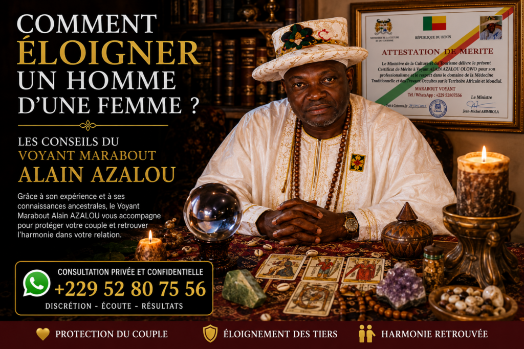 Voyant Marabout ALAIN AZALOU réalisant une consultation traditionnelle dans un cadre spirituel africain.
