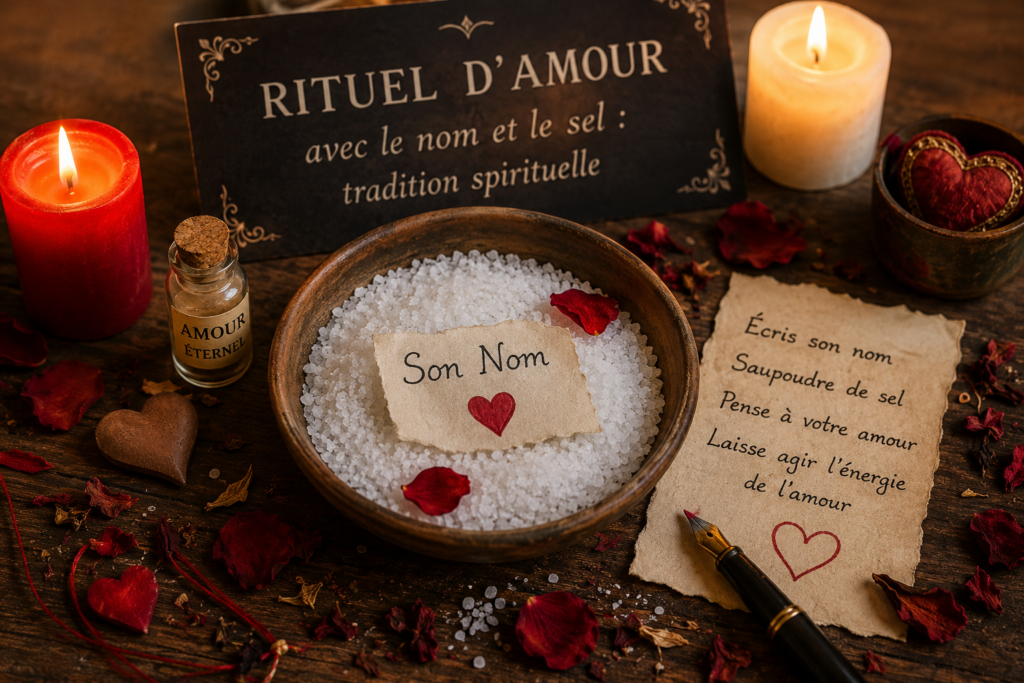 Autel de rituel amoureux avec sel, rose rouge, pierres naturelles et parchemin de tradition spirituelle.
