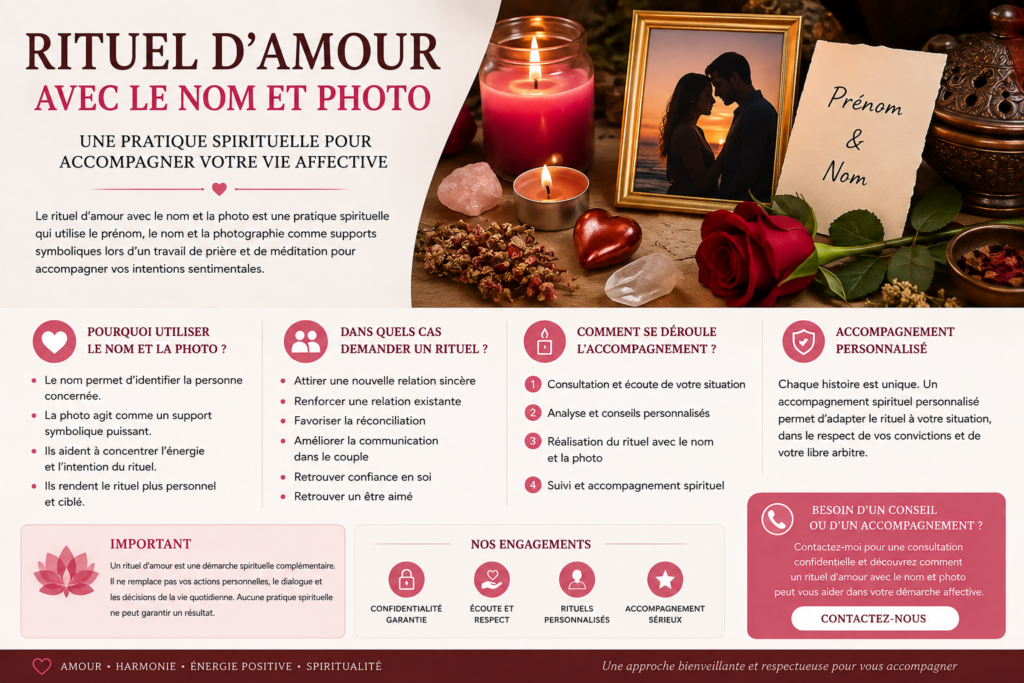 Illustration présentant un rituel d'amour avec le nom et la photo dans un cadre spirituel et symbolique.